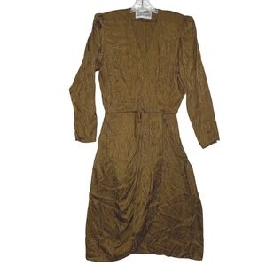 Vintage 80s 90s Holiday Dress Wrap Style VNeck Size S/M Brown Bronze Long Sleeve
